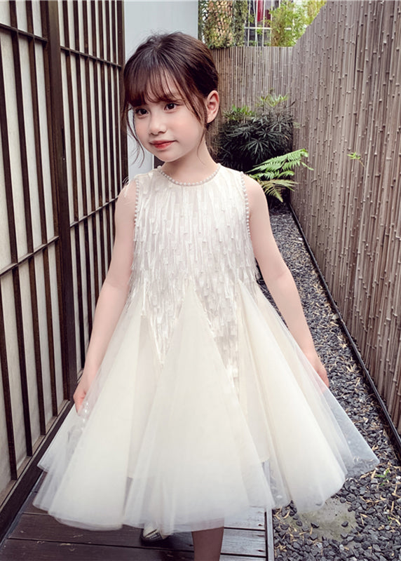 Elegant White O-Neck Nail Bead Tulle Kids Long Dress Sleeveless EW012