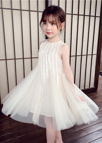 Elegant White O-Neck Nail Bead Tulle Kids Long Dress Sleeveless EW012