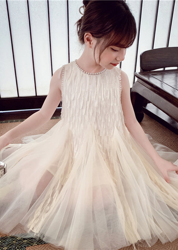 Elegant White O-Neck Nail Bead Tulle Kids Long Dress Sleeveless EW012