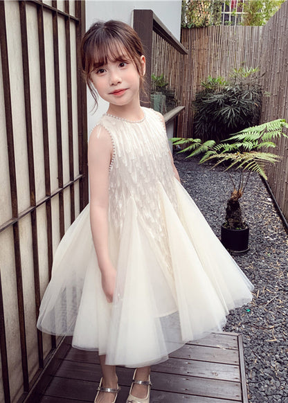 Elegant White O-Neck Nail Bead Tulle Kids Long Dress Sleeveless EW012