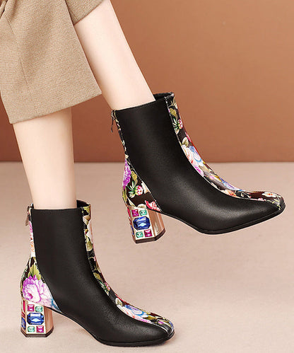 Elegant White Print Zircon Cowhide Leather Chunky Boots RT1057