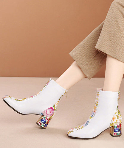 Elegant White Print Zircon Cowhide Leather Chunky Boots RT1057