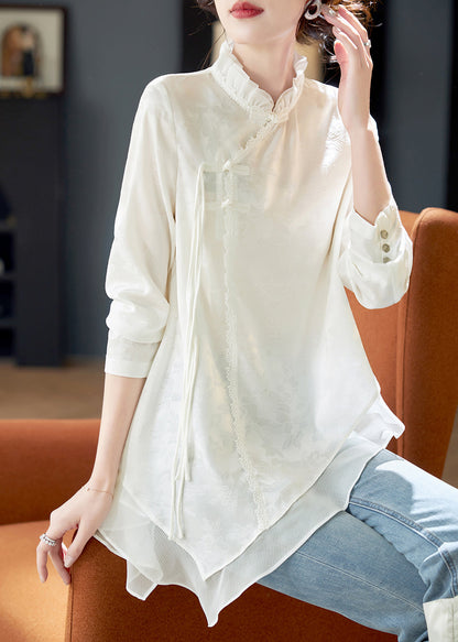 Elegant White Ruffled Chinese Button Chiffon Shirt Long Sleeve AB1022