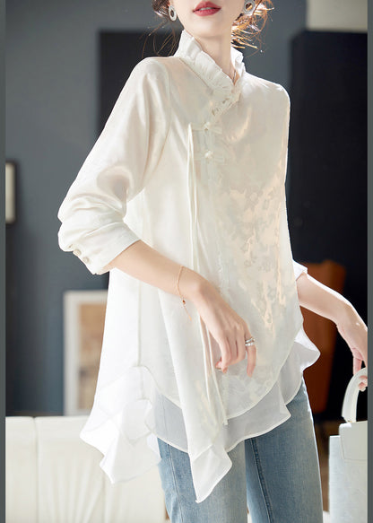 Elegant White Ruffled Chinese Button Chiffon Shirt Long Sleeve AB1022