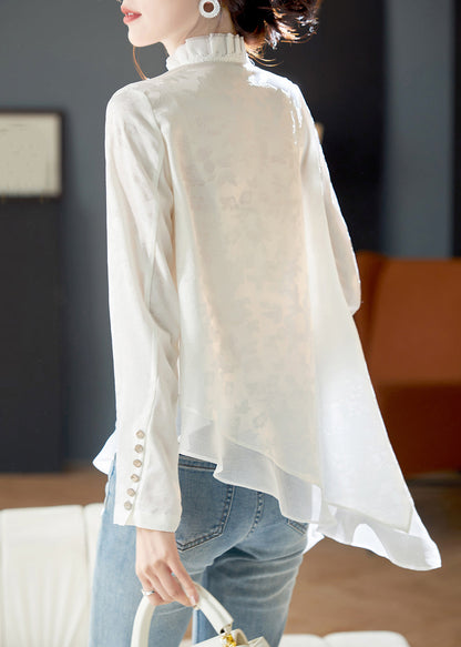 Elegant White Ruffled Chinese Button Chiffon Shirt Long Sleeve AB1022