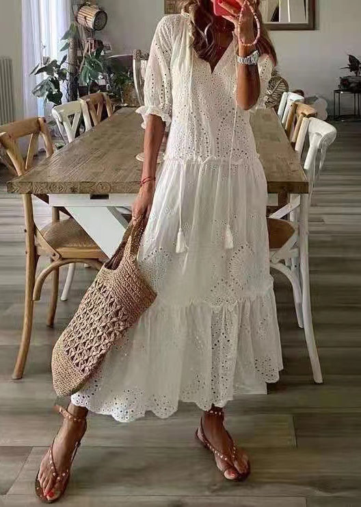 Robe de soirée élégante en coton blanc à volants et découpes ajourées, été TZ026