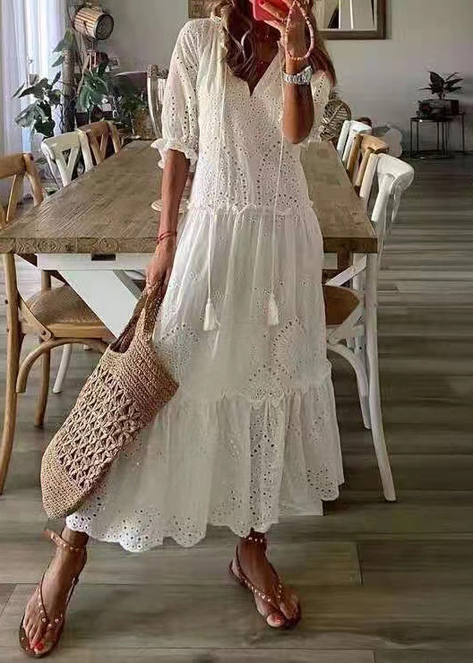 Robe de soirée élégante en coton blanc à volants et découpes ajourées, été TZ026