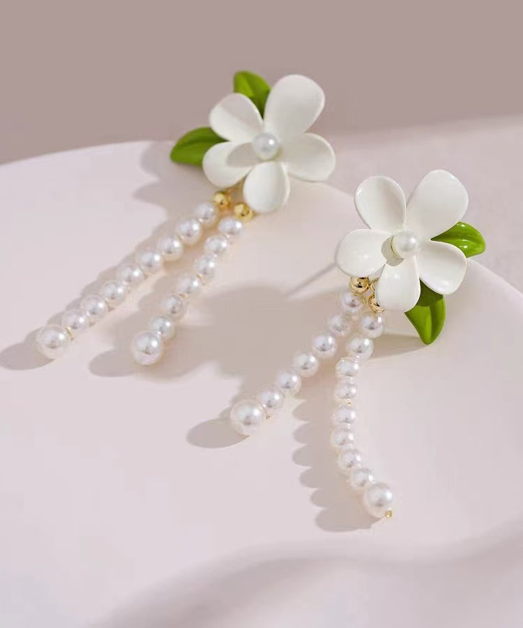 Silver Elegant Drop Floral White Pearl Tassel Alloy Sterling