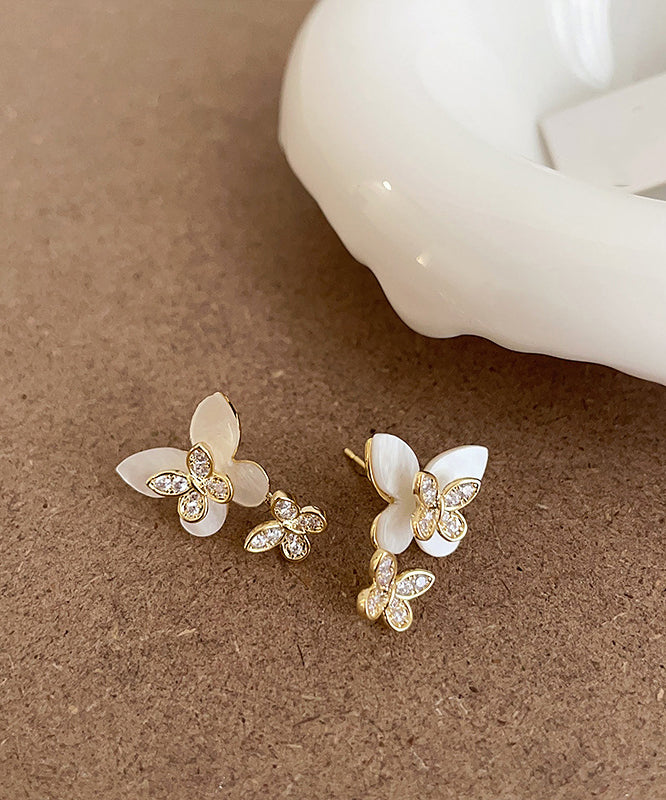 Elegant White Sterling Silver Overgild Zircon Floral Butterfly Stud Earrings QZ009