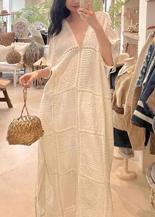 Elegant White V Neck Hollow Out Side Open Knit Dresses Half Sleeve Ada Fashion