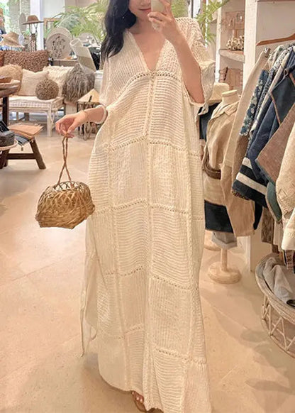 Elegant White V Neck Hollow Out Side Open Knit Dresses Half Sleeve Ada Fashion