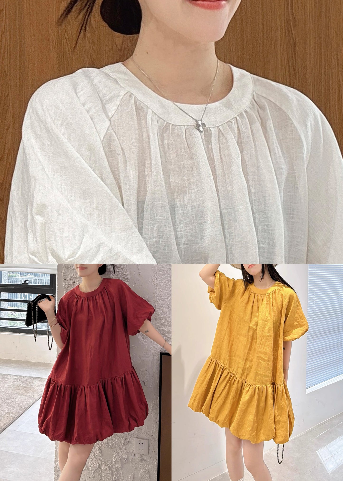 Wrinkled Mid Sleeve Elegant Linen Puff White Dress Solid
