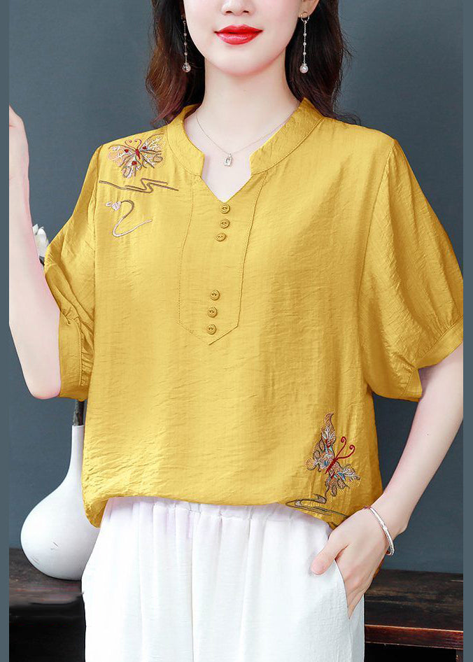 Elegant Yellow Embroidered Solid Cotton Blouse Summer JH021