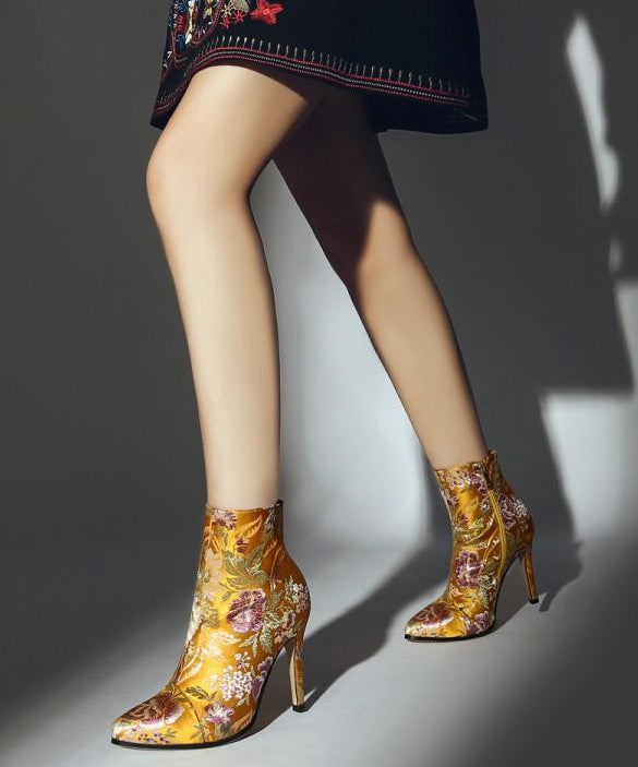 Elegant Yellow Embroidered Zippered Silk Velour High Heel Ankle Boots RT1070