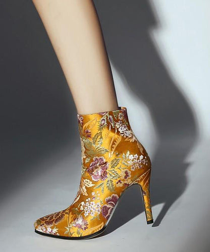 Elegant Yellow Embroidered Zippered Silk Velour High Heel Ankle Boots RT1070