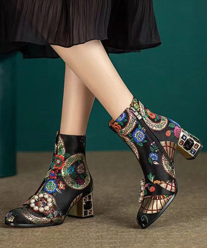 Elegant Yellow Embroidered Zircon Satin Chunky Ankle Boots RT1082