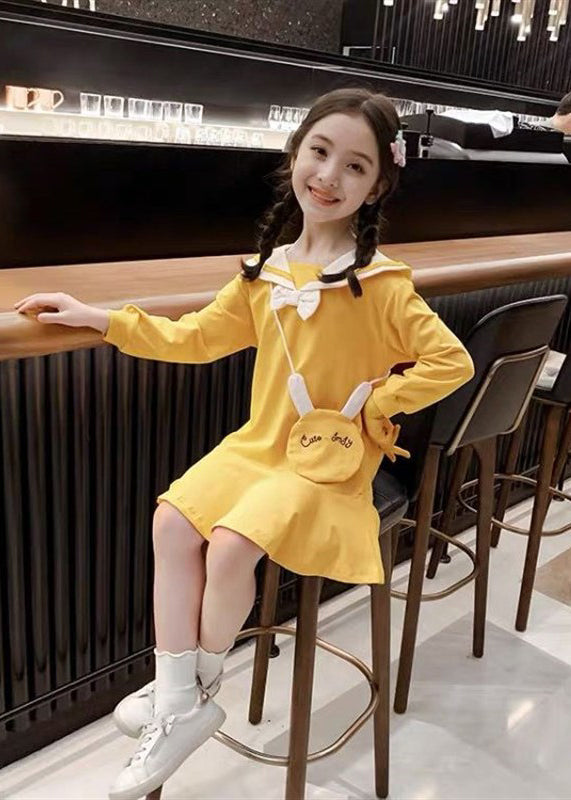 Robe trapèze jaune élégante à col rond et manches longues pour filles SS1062