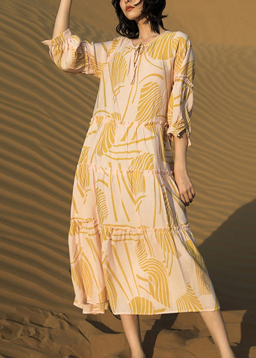 Robe longue en coton jaune à imprimé, à volants et demi-dentelle, élégante