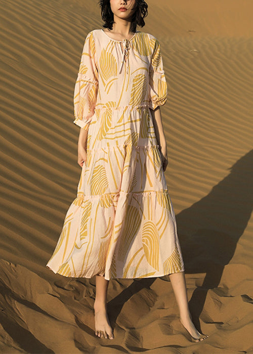 Robe longue en coton jaune à imprimé, à volants et demi-dentelle, élégante