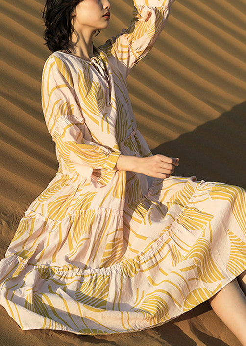 Robe longue en coton jaune à imprimé, à volants et demi-dentelle, élégante