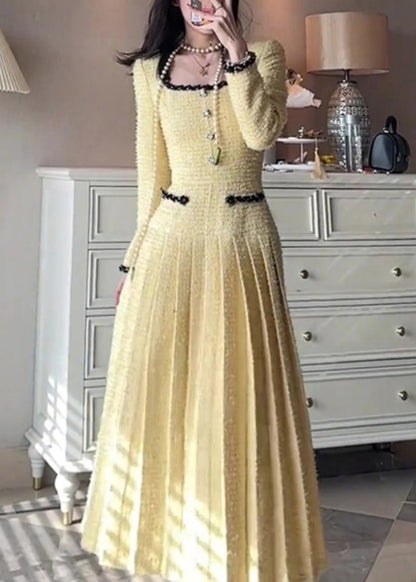 Elegant Yellow Square Collar Solid Pleated Dresses Fall WQ032