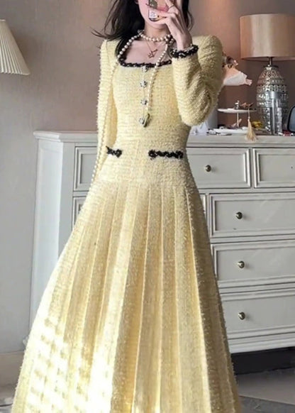 Elegant Yellow Square Collar Solid Pleated Dresses Fall WQ032