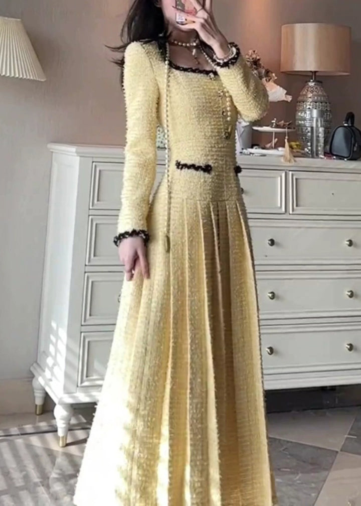 Elegant Yellow Square Collar Solid Pleated Dresses Fall WQ032