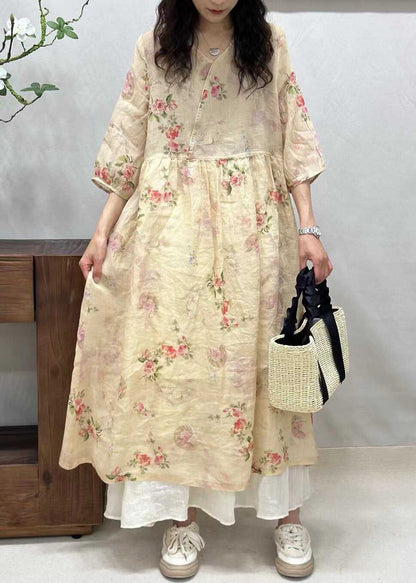 Elegant Yellow V Neck Print Linen Long Dresses Half Sleeve JH024