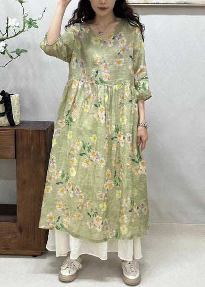 Elegant Yellow V Neck Print Linen Long Dresses Half Sleeve JH024