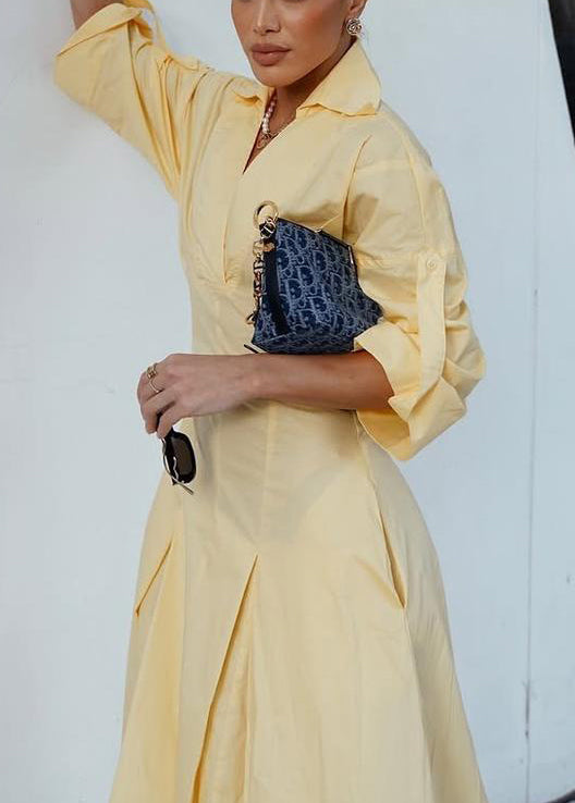 V Yellow Shirts Neck Elegant Zippered Half Dress Cotton Solid
