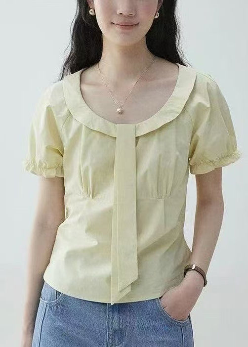 ElegantYellow Sleeve Blouses Wrinkled Zippered Cotton Puff