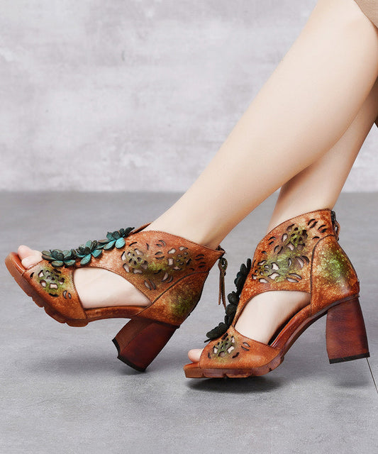 Ethnic Style Hollow Out Floral Chunky Heel Fish Mouth Sandals CZ1043