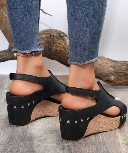 European American Style Black Splicing Wedge Sandals Hollow Out Peep Toe UU011