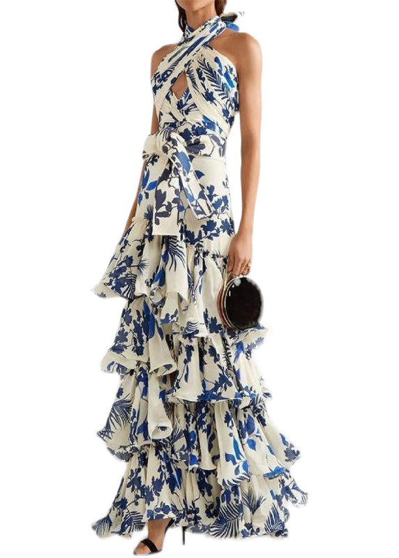 European And American Bohemian Vacation Style Ruffled Print Dress Sleeveless XX097