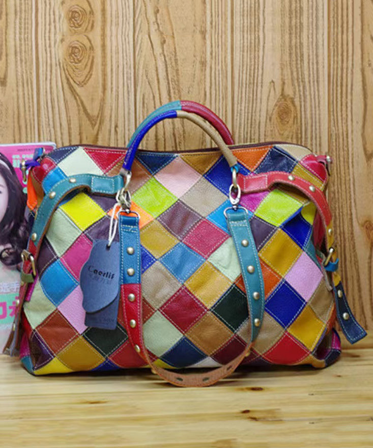 European And American Fashion Contrasting Plaid Patchwork Rivet Handbag HJ1013