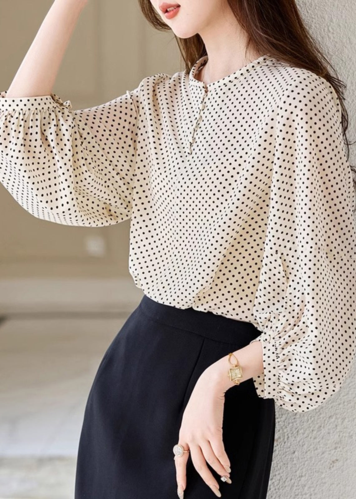 Fashion Apricot Dot Print Chiffon Top Long Sleeve WW003