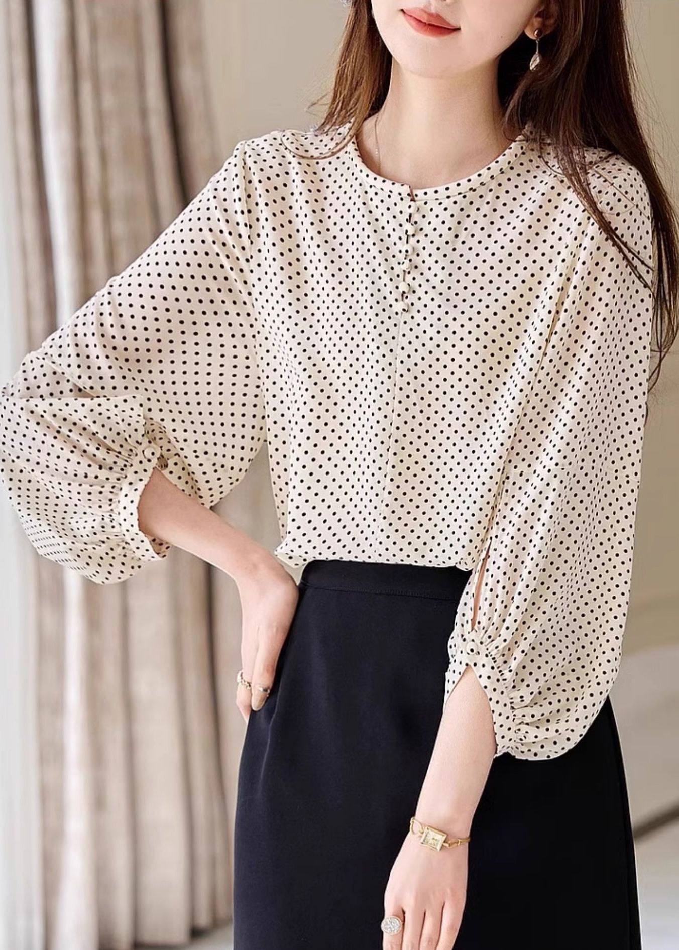 Fashion Apricot Dot Print Chiffon Top Long Sleeve WW003