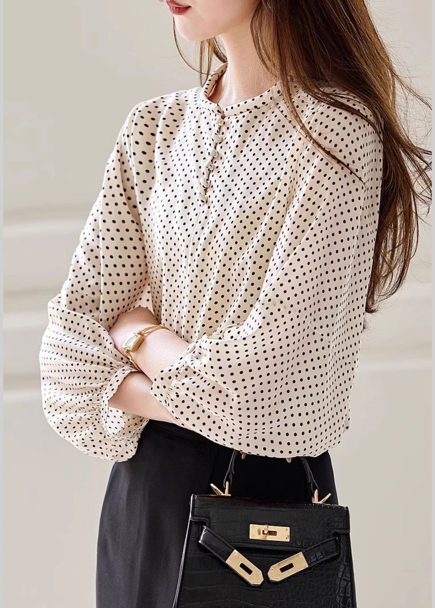 Fashion Apricot Dot Print Chiffon Top Long Sleeve WW003