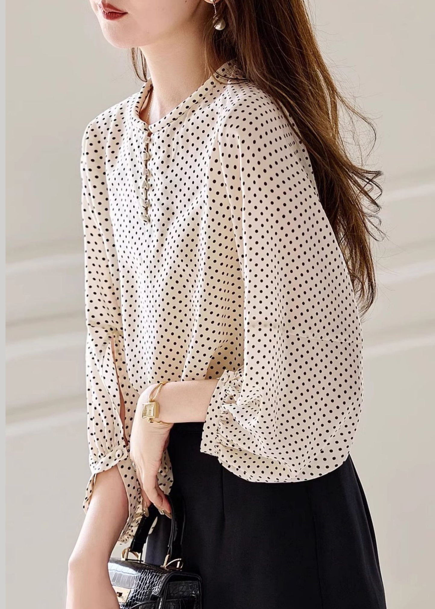 Fashion Apricot Dot Print Chiffon Top Long Sleeve WW003