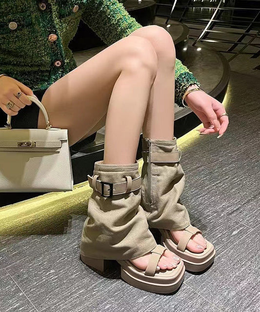 Fashion Apricot Peep Toe Chunky Heel Sandals Boots OI058