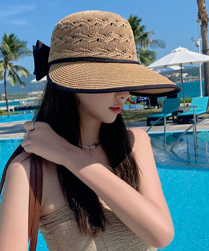 Fashion Beige Hollow Breathable Sun Hat Bow Large Brim II056