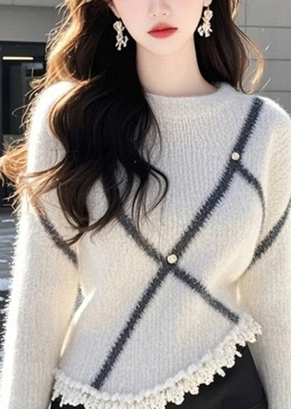 Fashion Beige O Neck Patchwork Knit Sweaters Flare Sleeve TQ006