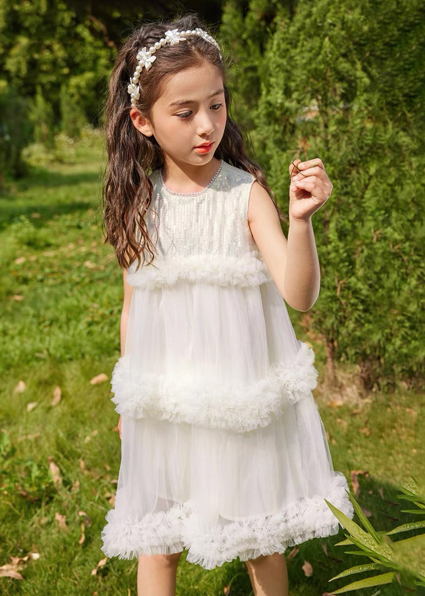 Robe mi-longue en tulle à col rond beige tendance pour enfants, été XZ012