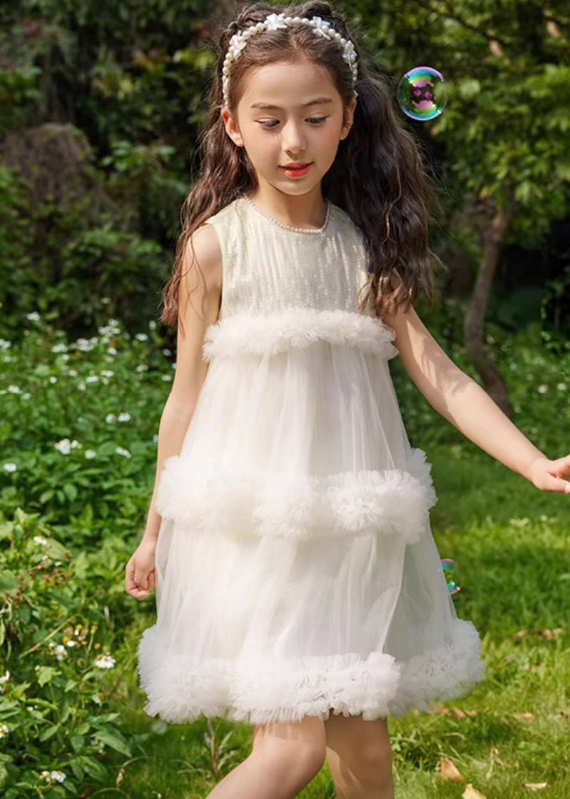 Robe mi-longue en tulle à col rond beige tendance pour enfants, été XZ012