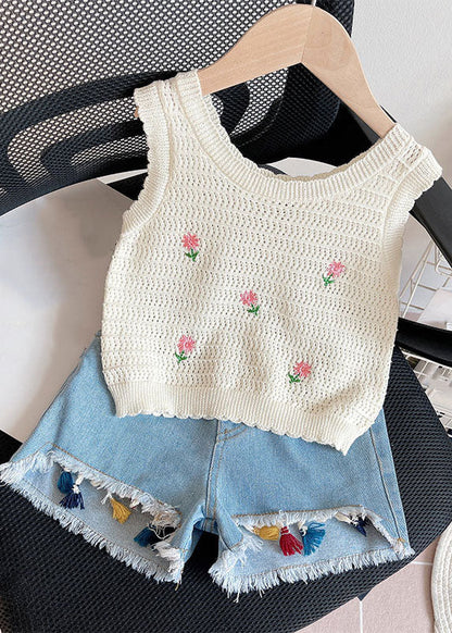 Fashion Beige Print Knit Girls Vest And Shorts Two Pieces Set Summer SS1005