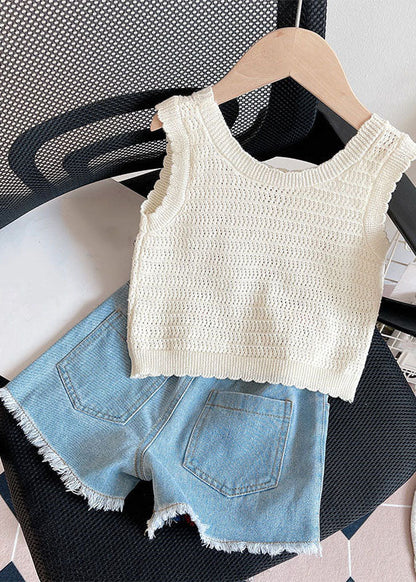 Fashion Beige Print Knit Girls Vest And Shorts Two Pieces Set Summer SS1005