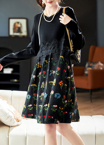 Fashion Black Embroidered Lace Patchwork Cotton Dress Spring RL024