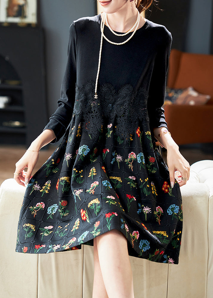 Fashion Black Embroidered Lace Patchwork Cotton Dress Spring RL024