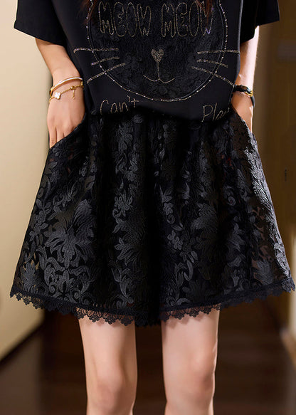 Fashion Black Embroidered Pockets Elastic Waist Lace Shorts Summer AC1012