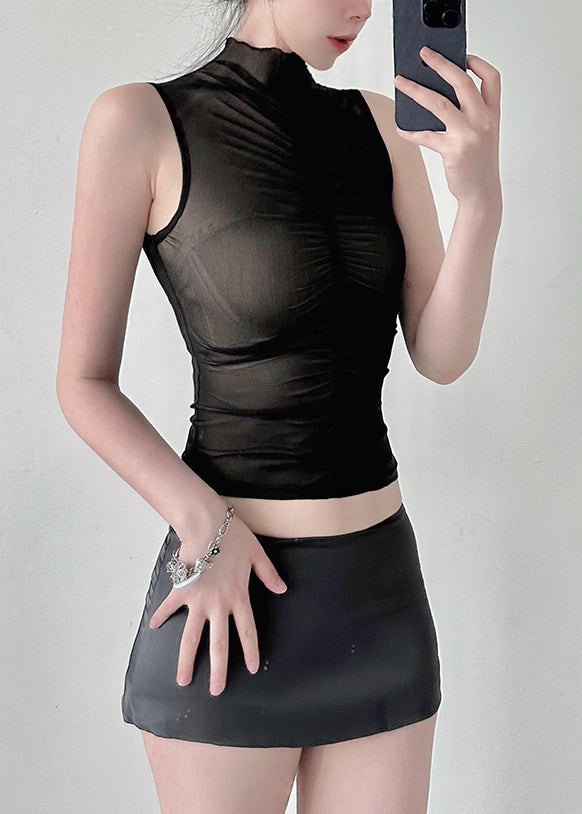 Fashion Black Hign Neck Wrinkled Tulle Top Sleeveless AL1063